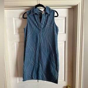 Sleeveless Asymmetrical Denim Dress with Curved Stitching - Blue